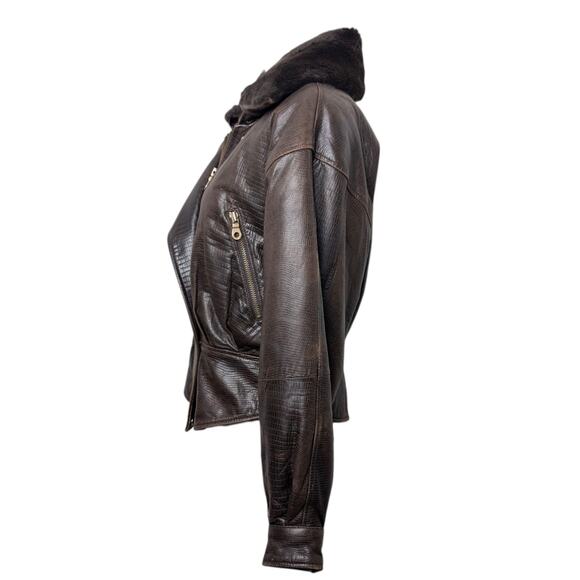 Andrew Marc Croc Embossed Brown Leather Moto Jacket Faux Fur Collar Women’s M - Picture 2 of 11